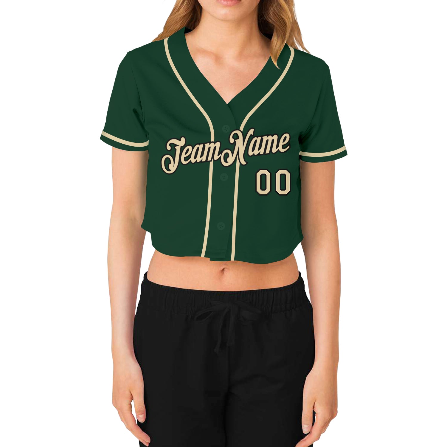Custom Women's Green Cream-Black V-Neck Cropped Baseball Jersey