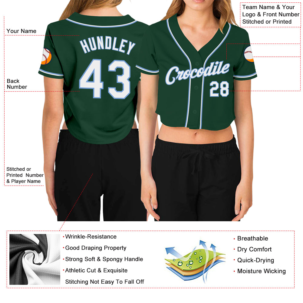 Custom Women's Green White-Light Blue V-Neck Cropped Baseball Jersey