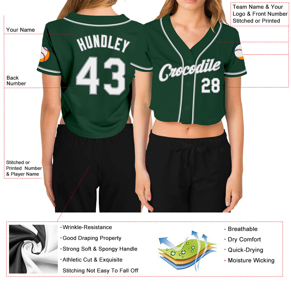 Custom Women's Green White-Gray V-Neck Cropped Baseball Jersey