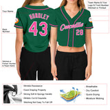 Custom Women's Kelly Green Pink-White V-Neck Cropped Baseball Jersey