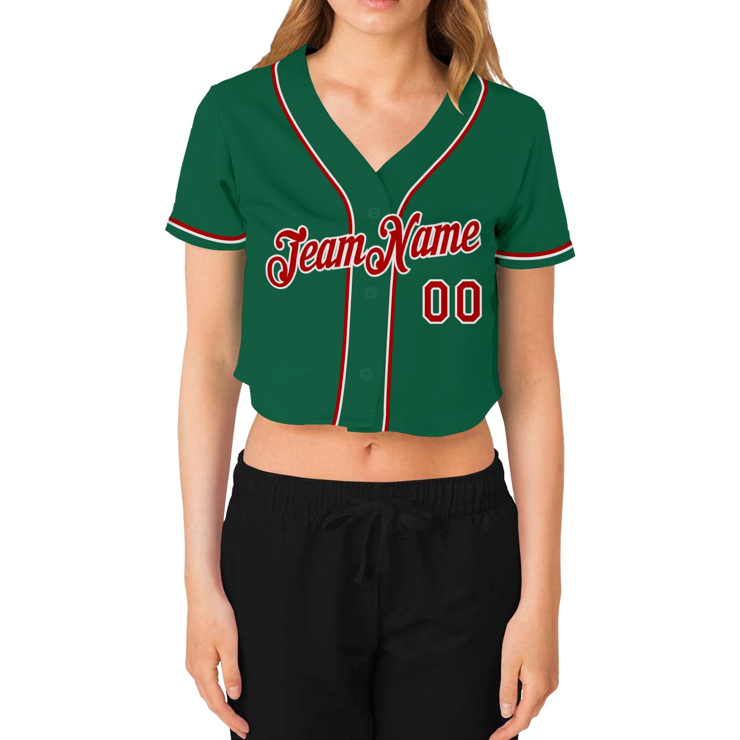 Custom Women's Kelly Green Red-White V-Neck Cropped Baseball Jersey