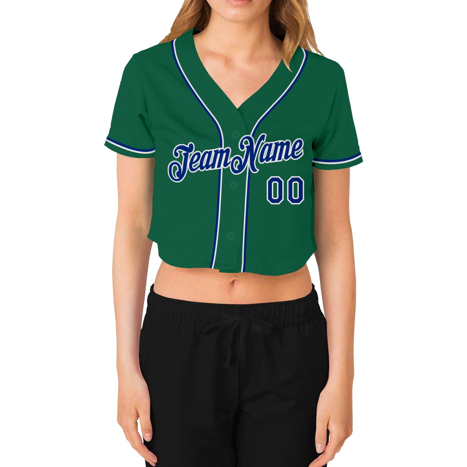 Custom Women's Kelly Green Royal-White V-Neck Cropped Baseball Jersey
