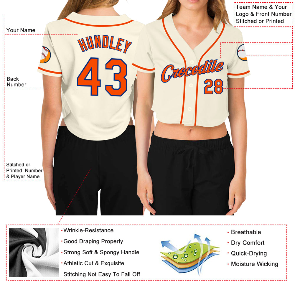 Custom Women's Cream Orange-Royal V-Neck Cropped Baseball Jersey