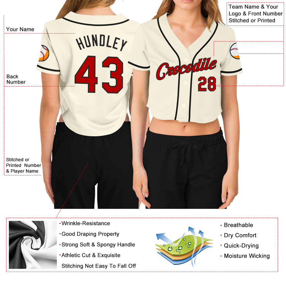 Custom Women's Cream Red-Black V-Neck Cropped Baseball Jersey