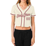 Custom Women's Cream Cream-Crimson V-Neck Cropped Baseball Jersey