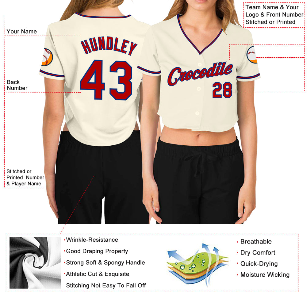 Custom Women's Cream Red-Royal V-Neck Cropped Baseball Jersey