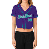 Custom Women's Purple Aqua-White V-Neck Cropped Baseball Jersey
