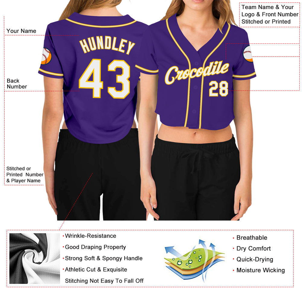 Custom Women's Purple White-Gold V-Neck Cropped Baseball Jersey