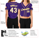 Custom Women's Purple White-Gold V-Neck Cropped Baseball Jersey