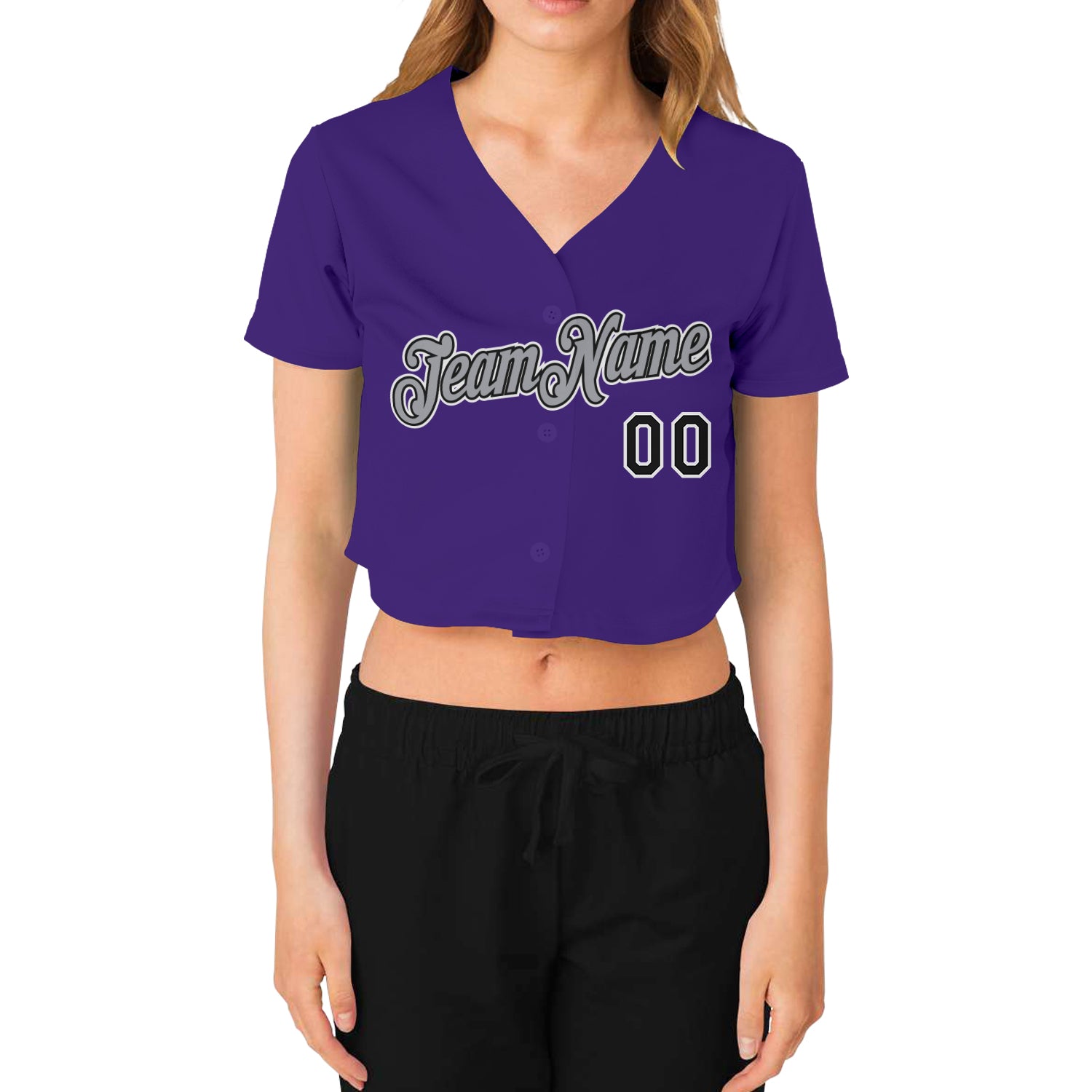 Custom Women's Purple Black White-Gray V-Neck Cropped Baseball Jersey
