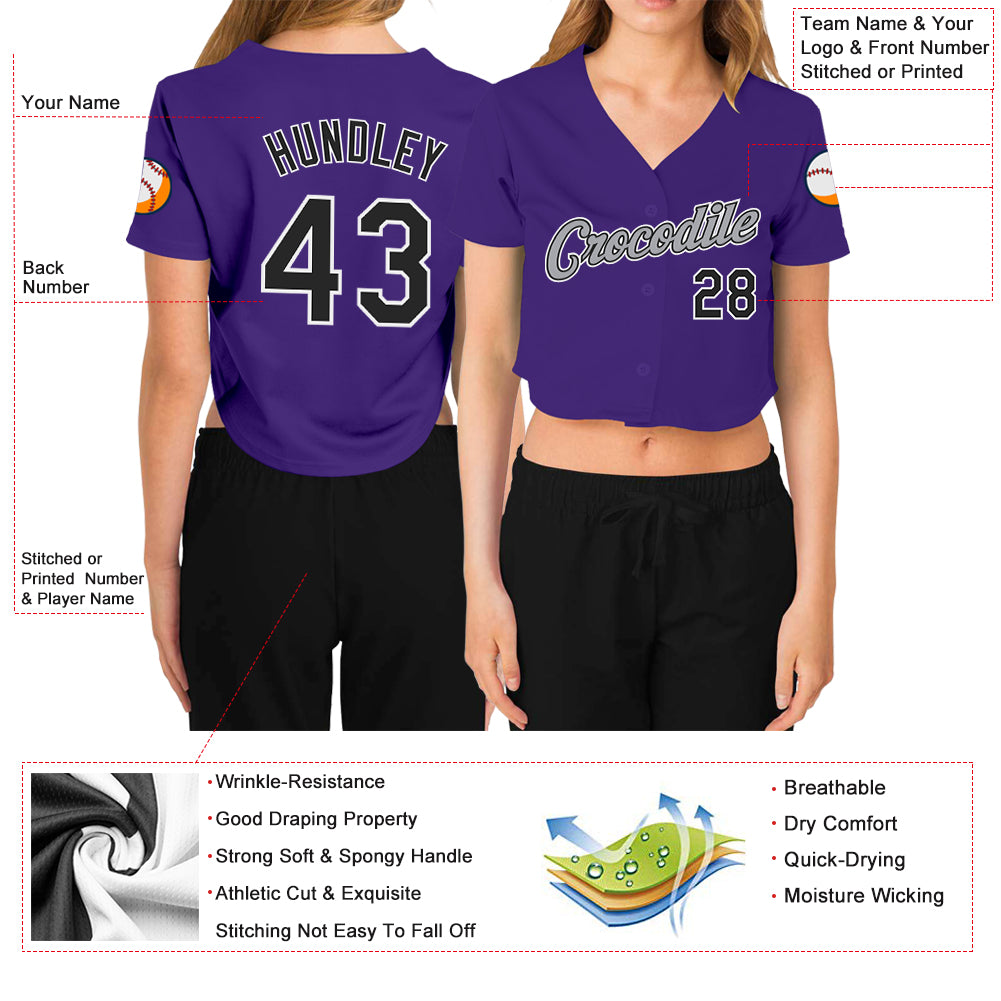Custom Women's Purple Black White-Gray V-Neck Cropped Baseball Jersey