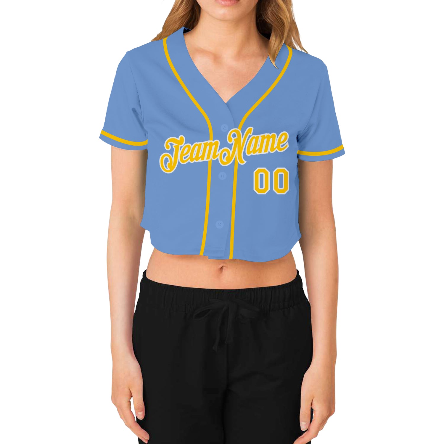 Custom Women's Light Blue Gold-White V-Neck Cropped Baseball Jersey