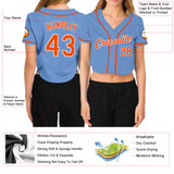 Custom Women's Light Blue Orange-White V-Neck Cropped Baseball Jersey