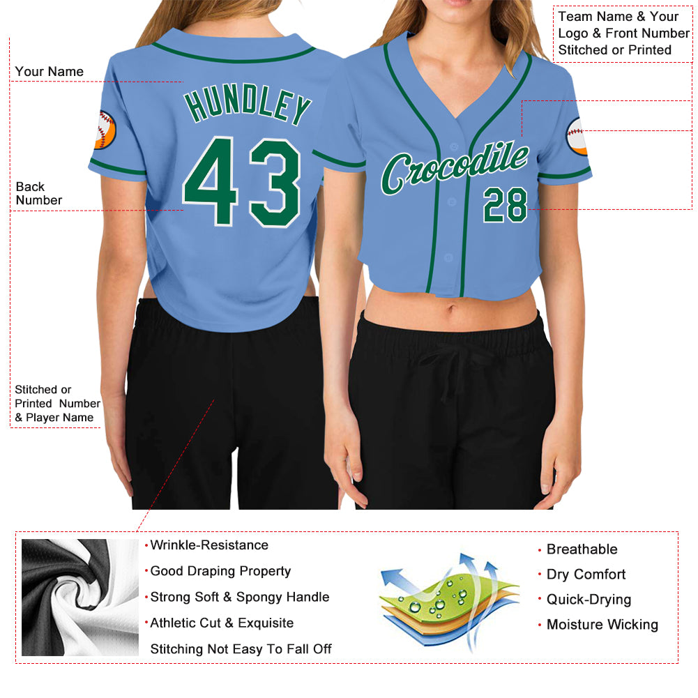 Custom Women's Light Blue Kelly Green-White V-Neck Cropped Baseball Jersey