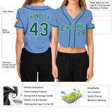 Custom Women's Light Blue Kelly Green-White V-Neck Cropped Baseball Jersey