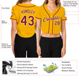 Custom Women's Gold Crimson-White V-Neck Cropped Baseball Jersey