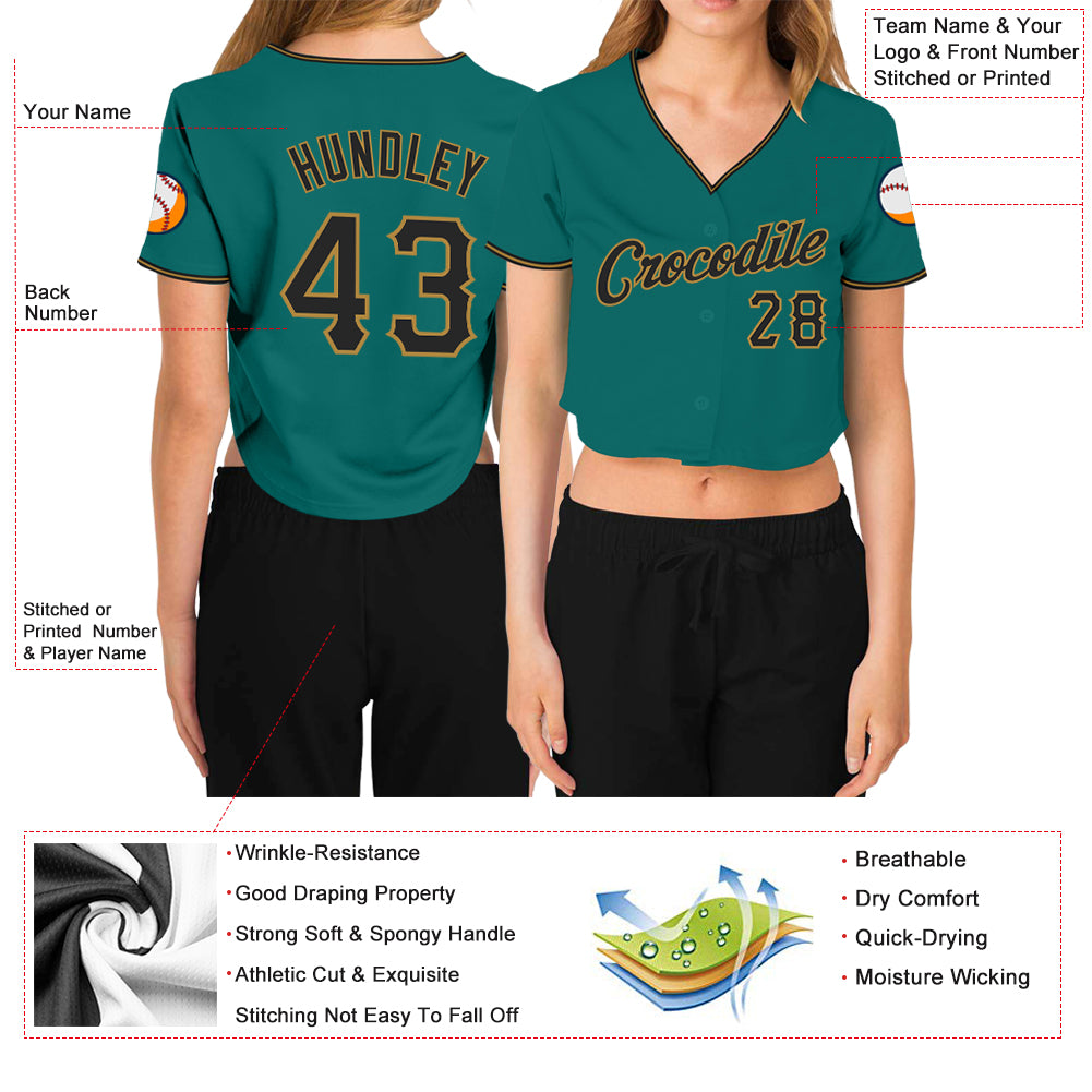Custom Women's Aqua Black-Old Gold V-Neck Cropped Baseball Jersey