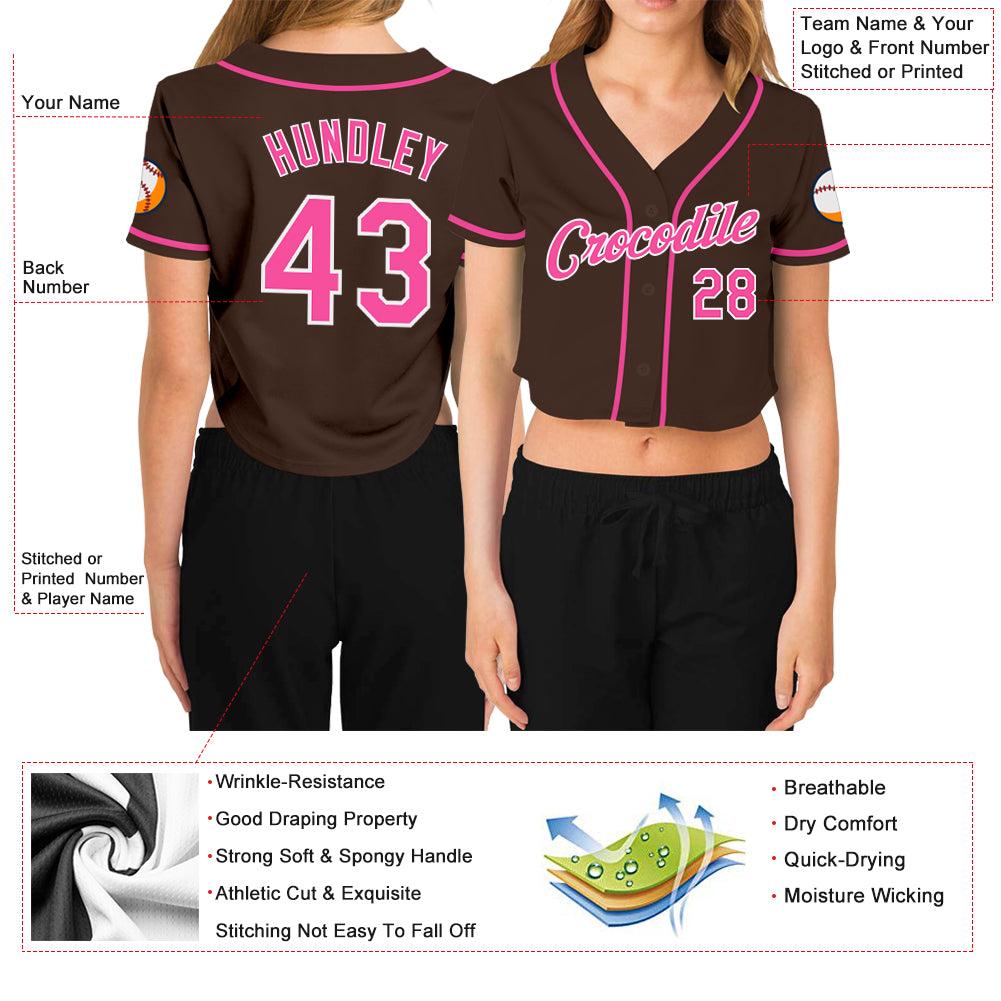 Custom Women's Brown Pink-White V-Neck Cropped Baseball Jersey