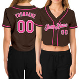 Custom Women's Brown Pink-White V-Neck Cropped Baseball Jersey