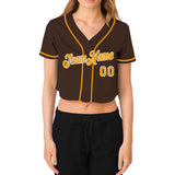 Custom Women's Brown Gold-White V-Neck Cropped Baseball Jersey