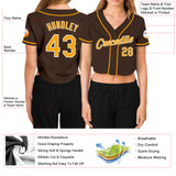 Custom Women's Brown Gold-White V-Neck Cropped Baseball Jersey