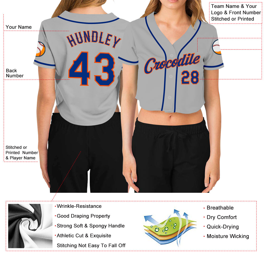 Custom Women's Gray Royal-Orange V-Neck Cropped Baseball Jersey