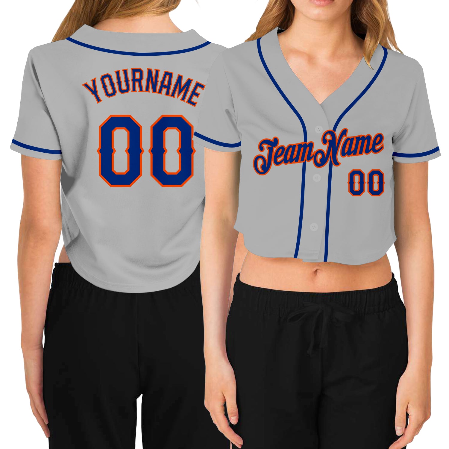 Custom Women's Gray Royal-Orange V-Neck Cropped Baseball Jersey