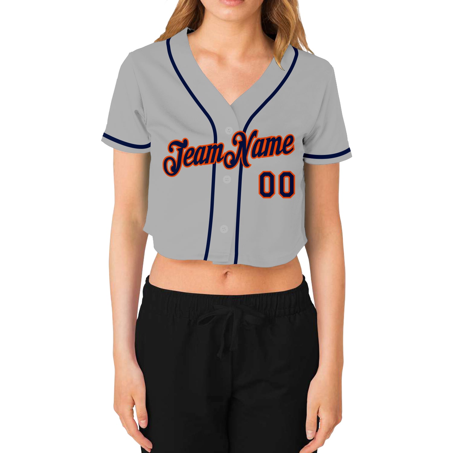 Custom Women's Gray Navy-Orange V-Neck Cropped Baseball Jersey