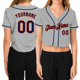 Custom Women's Gray Navy-Orange V-Neck Cropped Baseball Jersey