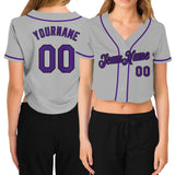 Custom Women's Gray Purple-Black V-Neck Cropped Baseball Jersey