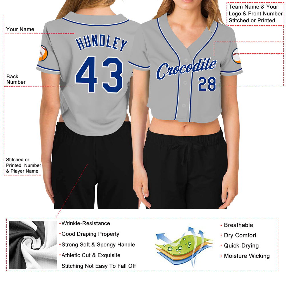 Custom Women's Gray Royal-White V-Neck Cropped Baseball Jersey
