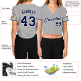 Custom Women's Gray Navy-White V-Neck Cropped Baseball Jersey