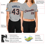 Custom Women's Gray Black Powder Blue-Orange V-Neck Cropped Baseball Jersey