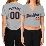 Custom Women's Gray Black Powder Blue-Orange V-Neck Cropped Baseball Jersey