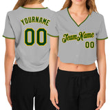 Custom Women's Gray Green-Gold V-Neck Cropped Baseball Jersey