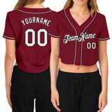 Custom Women's Crimson White-Black V-Neck Cropped Baseball Jersey
