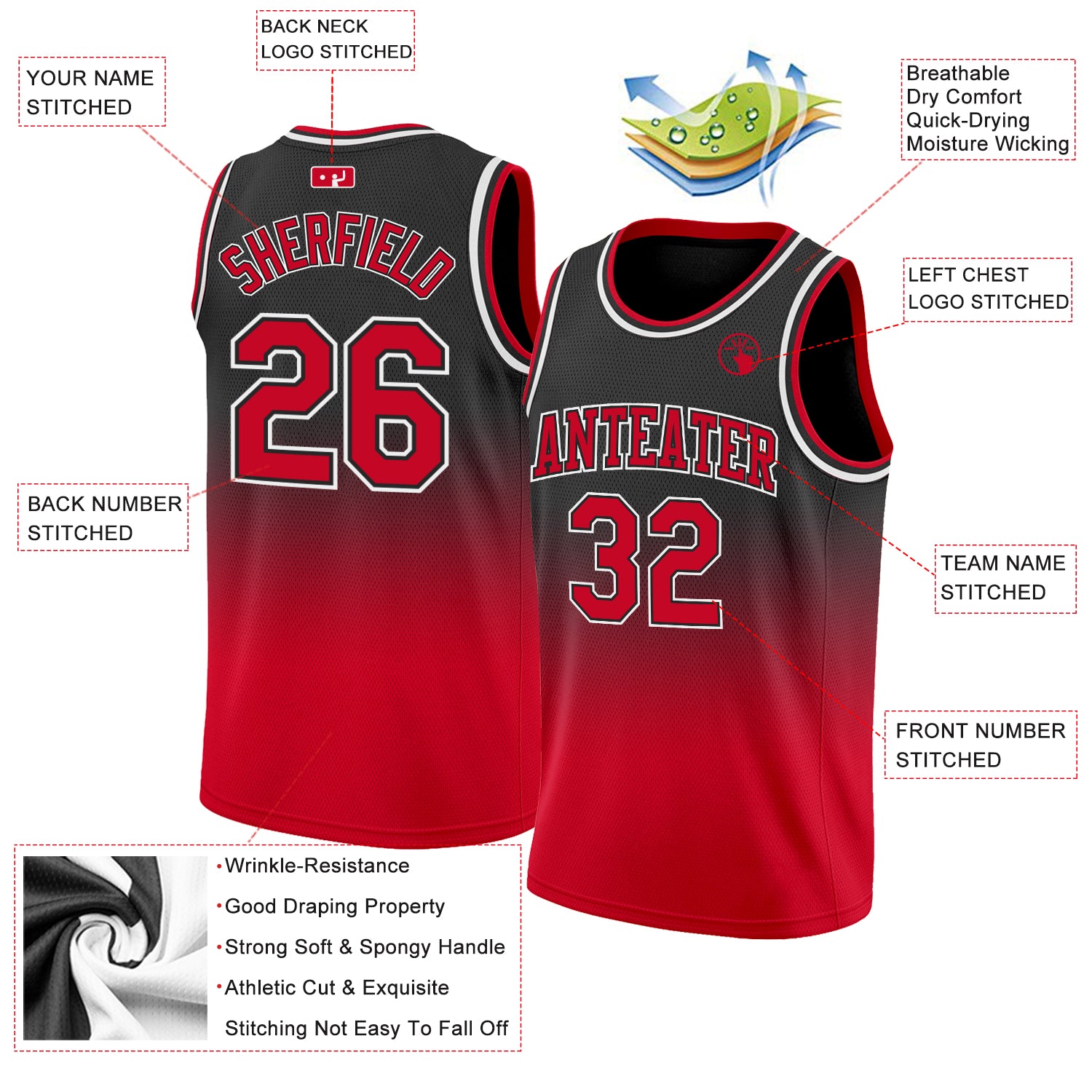 Custom Black Red-White Authentic Fade Fashion Basketball Jersey