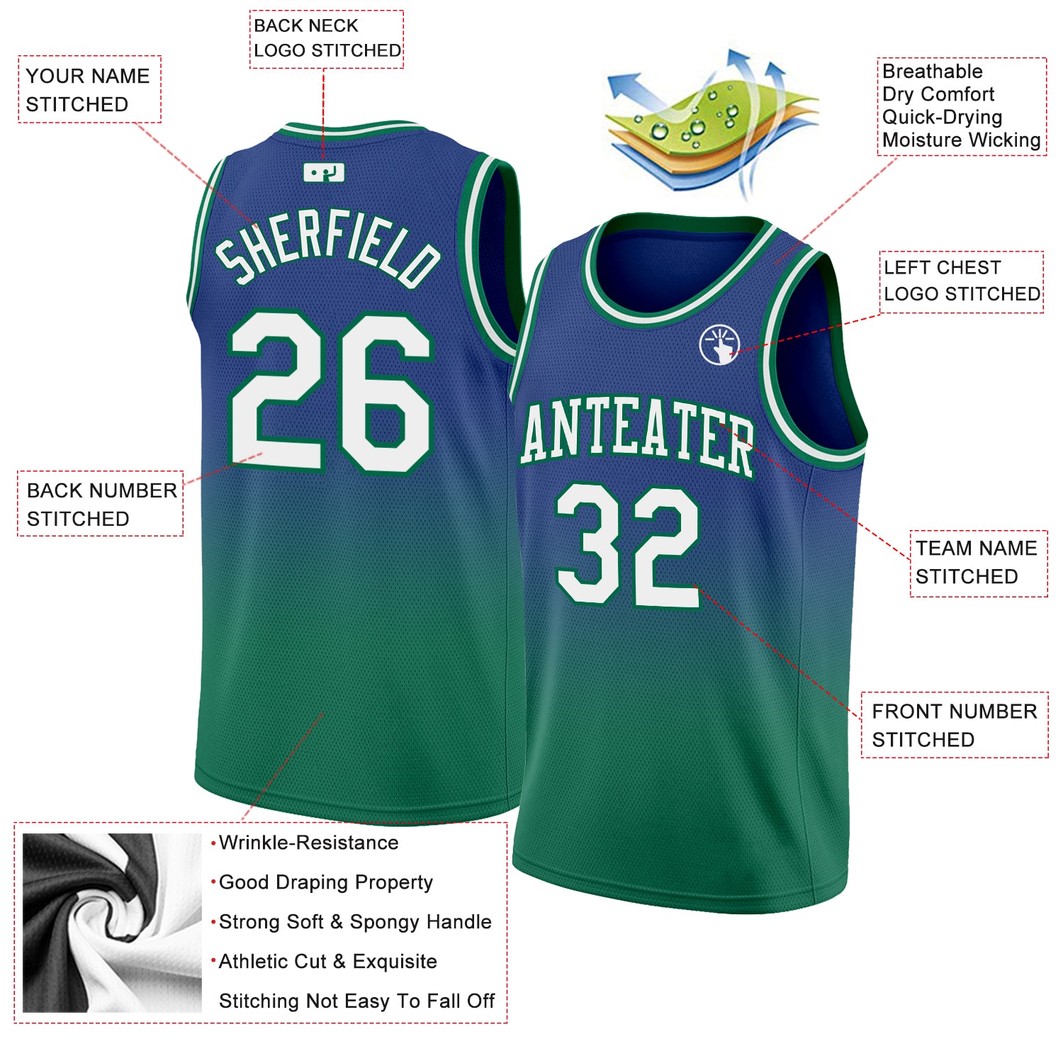 Custom Royal White-Kelly Green Authentic Fade Fashion Basketball Jersey
