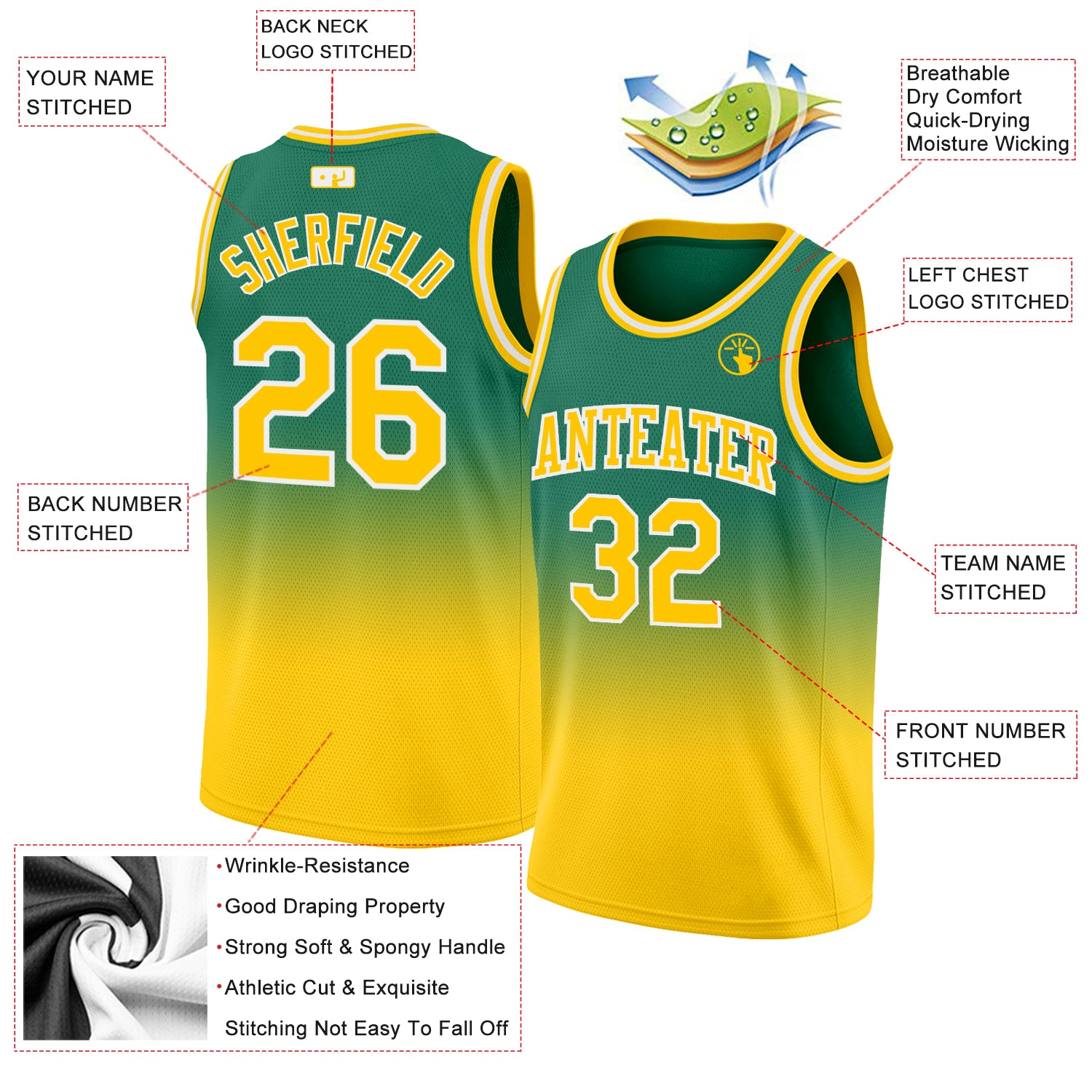 Custom Kelly Green Gold-White Authentic Fade Fashion Basketball Jersey