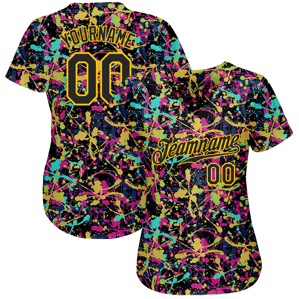 Custom Graffiti Pattern Black-Gold 3D Grunge Shabby Authentic Baseball Jersey