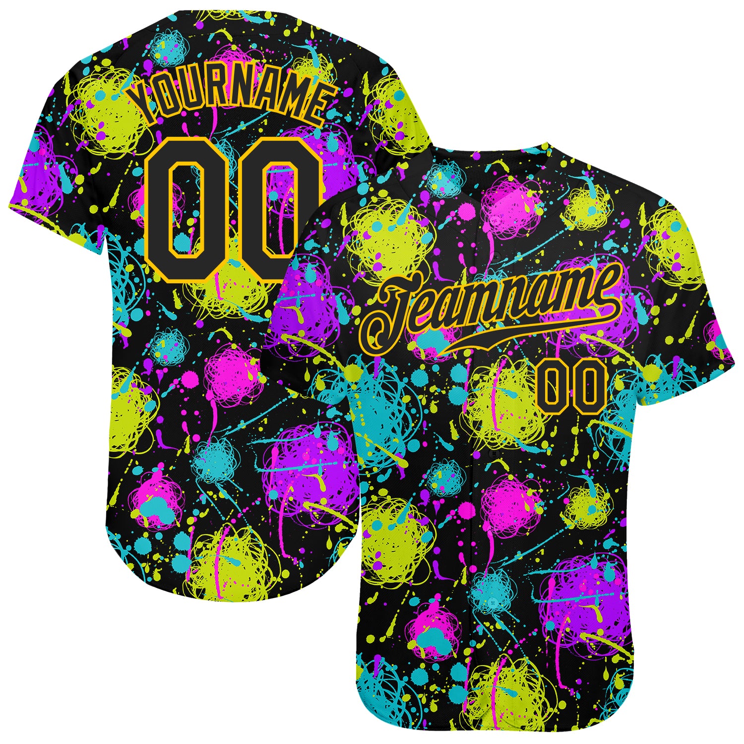 Custom Graffiti Pattern Black-Gold 3D Neon Splatter Authentic Baseball Jersey