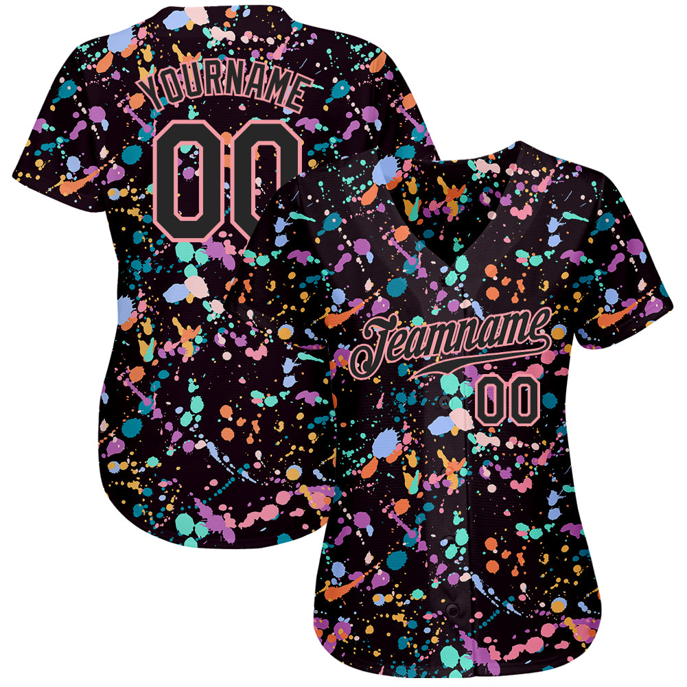 Custom Graffiti Pattern Black-Medium Pink 3D Expressive Splatter Authentic Baseball Jersey