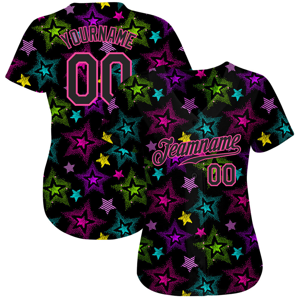 Custom Graffiti Pattern Black-Pink 3D Creative Colorful Stars Authentic Baseball Jersey