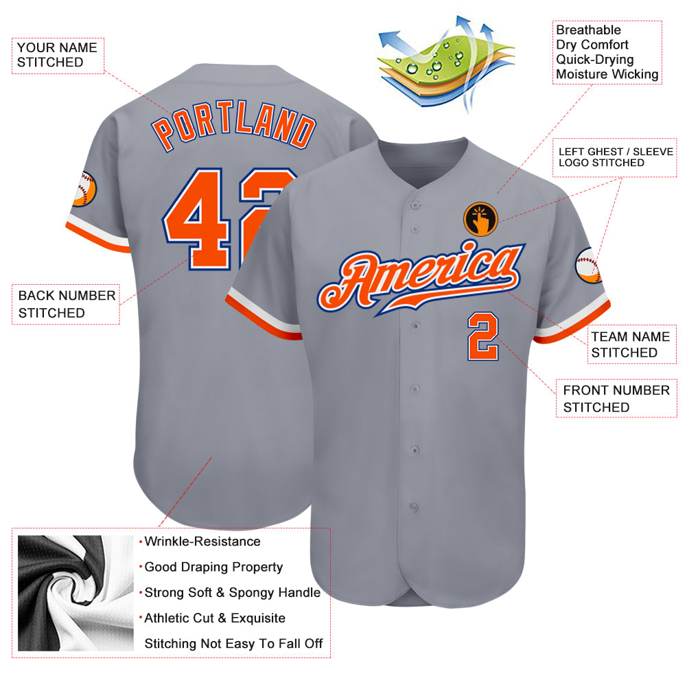 Custom Gray Orange White-Royal Authentic Baseball Jersey