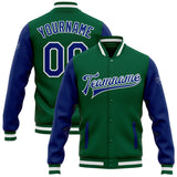 Custom Kelly Green Royal-White Bomber Full-Snap Varsity Letterman Two Tone Jacket