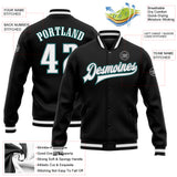 Custom Black White Gray-Midnight Green Bomber Full-Snap Varsity Letterman Jacket