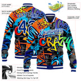 Custom Graffiti Pattern Royal-White Geometric 3D Bomber Full-Snap Varsity Letterman Jacket