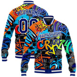 Custom Graffiti Pattern Royal-White Geometric 3D Bomber Full-Snap Varsity Letterman Jacket