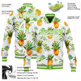 Custom White White-Neon Green Pineapples 3D Pattern Design Bomber Full-Snap Varsity Letterman Jacket