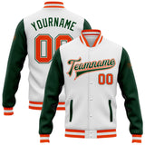 Custom White Orange-Green Bomber Full-Snap Varsity Letterman Two Tone Jacket